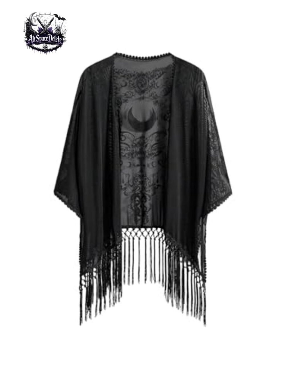 Goth Fringe Kimono Sheer Mesh Cardigan Tassel Hem Swim Coverup
